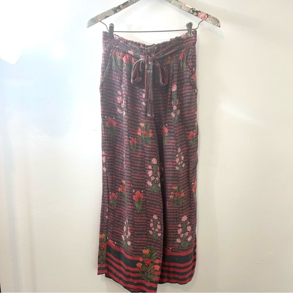 Anthropologie Floral Striped Women's Pants size small, tie waist wide leg - Picture 2 of 7